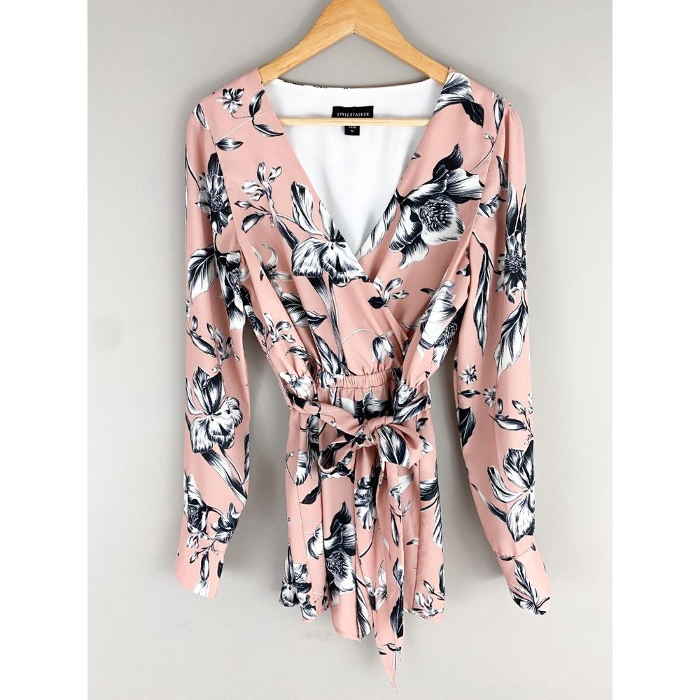 StyleStalker Long Sleeve Peach Iris Floral Belted V-Neck Romper REVOLVE Medium